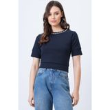 Trend Alaçatı Stili Kadın Lacivert Bisiklet Yaka Yakası İncili Triko Bluz ALC-X14637