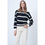 Trend Alaçatı Stili Kadın Lacivert Ekru Kayık Yaka Regular Fit Çizgili Bluz ALC-X14660