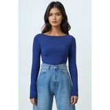 Trend Alaçatı Stili Kadın Lacivert Kayık Yaka Basic Bluz ALC-X14395