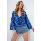 Trend Alaçatı Stili Kadın Lacivert V Yaka Biyeli Önü Bağlamalı Crop Ceket ALC-X13745