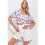 Trend Alaçatı Stili Kadın Lila-Beyaz Kare Yaka Karpuz Kol Gipeli Crop Keten Bluz ALC-X11651