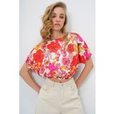 Trend Alaçatı Stili Kadın Mercan Kayık Yaka Çiçek Desenli Dokuma Bürümcük Yazlık Crop Bluz ALC-X13795