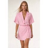Trend Alaçatı Stili Kadın Pembe Ceket Yaka Oversize Keten Gömlek Ve Bağlamalı Şort Etek Takım Alc-X13941