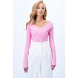 Trend Alaçatı Stili Kadın Pembe Geniş Yakalı Ottoban Bluz Alc-X14342