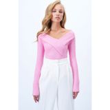 Trend Alaçatı Stili Kadın Pembe Geniş Yakalı Ottoban Bluz Alc-X14342