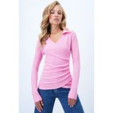 Trend Alaçatı Stili Kadın Pembe Gömlek Yaka Kruvaze Kesim Drape Detaylı Ottoban Bluz Alc-X14344