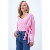 Trend Alaçatı Stili Kadın Pembe Ön Arka Kruvaze Yaka Bağlama Detaylı Ottoban Crop Bluz Alc-X14346