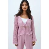 Trend Alaçatı Stili Kadın Pudra Pembe Ajurlu Bağlama Detaylı Mevsimlik Crop Triko Hırka ALC-X14320