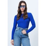 Trend Alaçatı Stili Kadın Saks Bisiklet Yaka Basic Bluz ALC-X14389