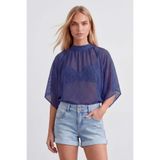 Trend Alaçatı Stili Kadın Saks Dik Yaka Bağlamalı Drape Detaylı Şifon Bluz Alc-X15480