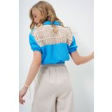 Trend Alaçatı Stili Kadın Saks Mavi Beli Ve Kolları Lastikli Sırtı Dantel İşlemeli Aerobin Crop Gömlek ALC-X13890