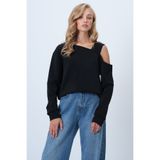 Trend Alaçatı Stili Kadın Siyah Asimetrik Kesim Omuzu Bant Detaylı Örme Bluz ALC-X14574