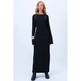 Trend Alaçatı Stili Kadın Siyah Bisiklet Yaka Out Cut Detaylı Maxi Boy Örme Elbise Alc-X14403