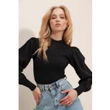 Trend Alaçatı Stili Kadın Siyah Dik Yaka İnce Fitilli Prenses Poplin Kol Dokuma Bluz ALC-X9660