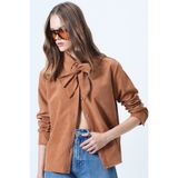Trend Alaçatı Stili Kadın Taba Kendinden Kuşaklı Oversize Kadife Gömlek ALC-X14622