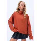 Trend Alaçatı Stili Kadın Tarçın Geniş Dik Yaka Kendinden Dokulu Düşük Kol Oversize Bluz Alc-X14369