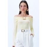 Trend Alaçatı Stili Kadın Tereyağı Sarısı Madonna Yaka Toka Detaylı Yumuşak Dokulu Likralı Örme Bluz ALC-X14300