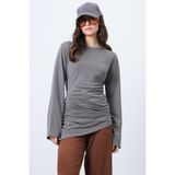 Trend Alaçatı Stili Kadın Vizon Bisiklet Yaka Asimetrik Kesim Uzun Tunik ALC-X14705