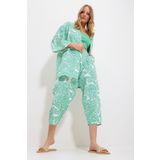 Trend Alaçatı Stili Kadın Yeşil Desenli Kimono Ceket Ve Pantolonlu Keten Dokuma Alt Üst Takım Alc-X11752