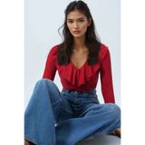 Trend Alaçatı Stili Kırmızı V Yaka Volanlı Yumuşak Dokulu Bluz ALC-X14364
