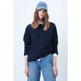 Trend Alaçatı Stili Koyu Lacivert Bisiklet Yaka Yarasa Kol Geniş Kesim Basic Bluz ALC-X14391