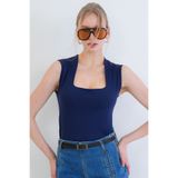 Trend Alaçatı Stili Lacivert Kare Yaka Kalın Askılı Sandy Bluz ALC-X13449