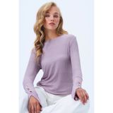 Trend Alaçatı Stili Lila Bisiklet Yaka Kendinden Desenli Düğme Detaylı Basic Merserize Bluz ALC-X14417