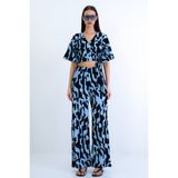 Trend Alaçatı Stili Mavi-Lacivert Kruvaze Yaka Bürümcük Crop Bluz Ve Pantolon Takım ALC-X15210
