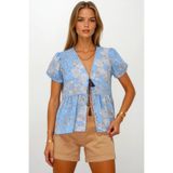 Trend Alaçatı Stili Mavi V Yaka Karpuz Kol Desenli Eteği Volanlı Dokuma Bluz VS00193