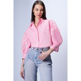Trend Alaçatı Stili Pembe Balon Kol Gizli Patlı Basic Poplin Gömlek ALC-X9654