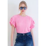 Trend Alaçatı Stili Pembe Bisiklet Yaka Kolları Fırfırlı Vatkalı Örme Bluz ALC-X15401