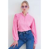 Trend Alaçatı Stili Pembe Hakim Yaka Önü Düğmeli Balon Kol Fırfır Kumaş Gömlek Bluz ALC-X15405