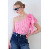 Trend Alaçatı Stili Pembe Tek Omuz Detaylı Bluz ALC-X12191