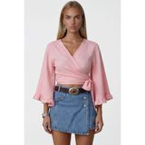 Trend Alaçatı Stili Pembe V Yaka Bağlama Detaylı Kolları Fırfırlı Keten Bluz ALC-X15332