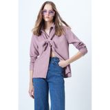 Trend Alaçatı Stili Pudra Kendinden Kuşaklı Oversize Kadife Gömlek ALC-X14622