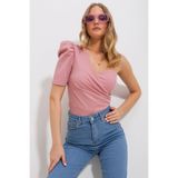 Trend Alaçatı Stili Pudra Pembe Tek Omuz Detaylı Bluz ALC-X11799