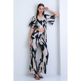 Trend Alaçatı Stili Siyah-Bej Kruvaze Yaka Bürümcük Crop Bluz Ve Pantolon Takım ALC-X15210