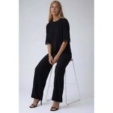 Trend Alaçatı Stili Siyah Bisiklet Yaka Dantel Detaylı Oversize Bürümcük Bluz Ve Geniş Paça Pantolon Takım ALC-X15453