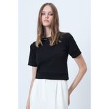 Trend Alaçatı Stili Siyah Bisiklet Yaka Yakası İncili Triko Bluz ALC-X14637