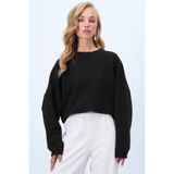 Trend Alaçatı Stili Siyah Bisiklet Yaka Yarasa Kol Geniş Kesim Basic Bluz ALC-X14391