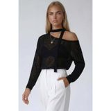 Trend Alaçatı Stili Siyah Kayık Yaka Dantel Ve Bağlama Detaylı Oversize Örme Bluz ALC-X15450