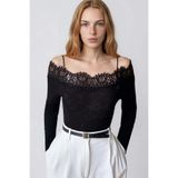 Trend Alaçatı Stili Siyah Madonna Yaka Dantel Detaylı Örme Bluz ALC-X15431