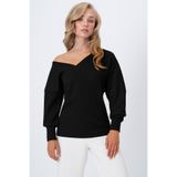 Trend Alaçatı Stili Siyah Ön Arka V Yaka Asimetrik Kesimli Bluz ALC-X14564