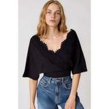 Trend Alaçatı Stili Siyah Ön Arka V Yaka Dantel Detaylı Örme Bluz ALC-X15407
