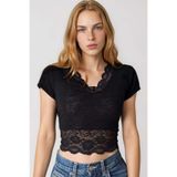 Trend Alaçatı Stili Siyah V Yaka Dantel Detaylı Crop Bluz ALC-X15433