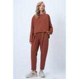 Trend Alaçatı Stili Tarçın Kahve Bisiklet Yaka Geniş Kesim Bluz Ve Pileli Çift Cepli Pantolon Takım ALC-X14553