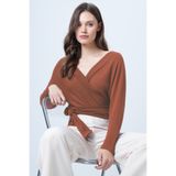 Trend Alaçatı Stili Tarçın Ön Arka Kruvaze Yaka Bağlama Detaylı Crop Bluz ALC-X14346