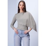 Trend Alaçatı Stili Vizon Tek Kol Sabit Şal Tasarımlı Örme Crop Bluz ALC-X15041