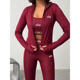 Trend Butik Burada Kadın 3'lü Spor Takımı - Fermuarlı Crop Ceket, Büstiyer ve Yüksek Bel Toparlayıcı Tayt Seti - Bordo