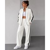 Trend Cojans Scuba Kumaş Oversize Şerit Detaylı Fermuarlı Alt Üst Eşofman Takımı - Beyaz - 2XL